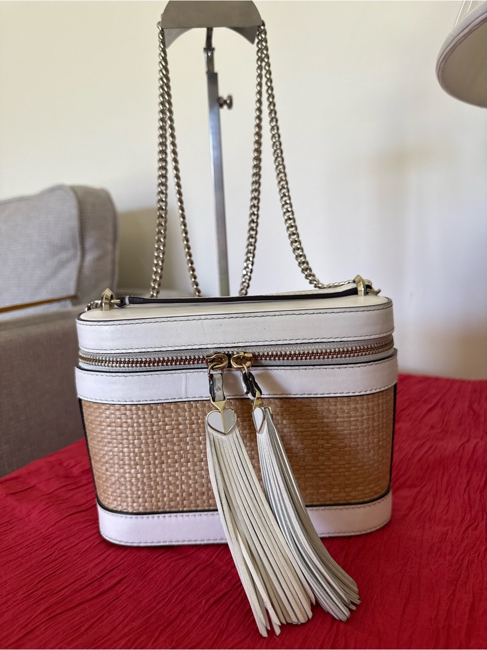 kate spade White and Tan Woven Crossbody Bag with Tassels
